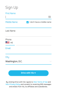 Screenshot of the first step of the via Sign Up Process