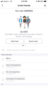 A screenshot showing how to invite friends to Lyft to get free rides