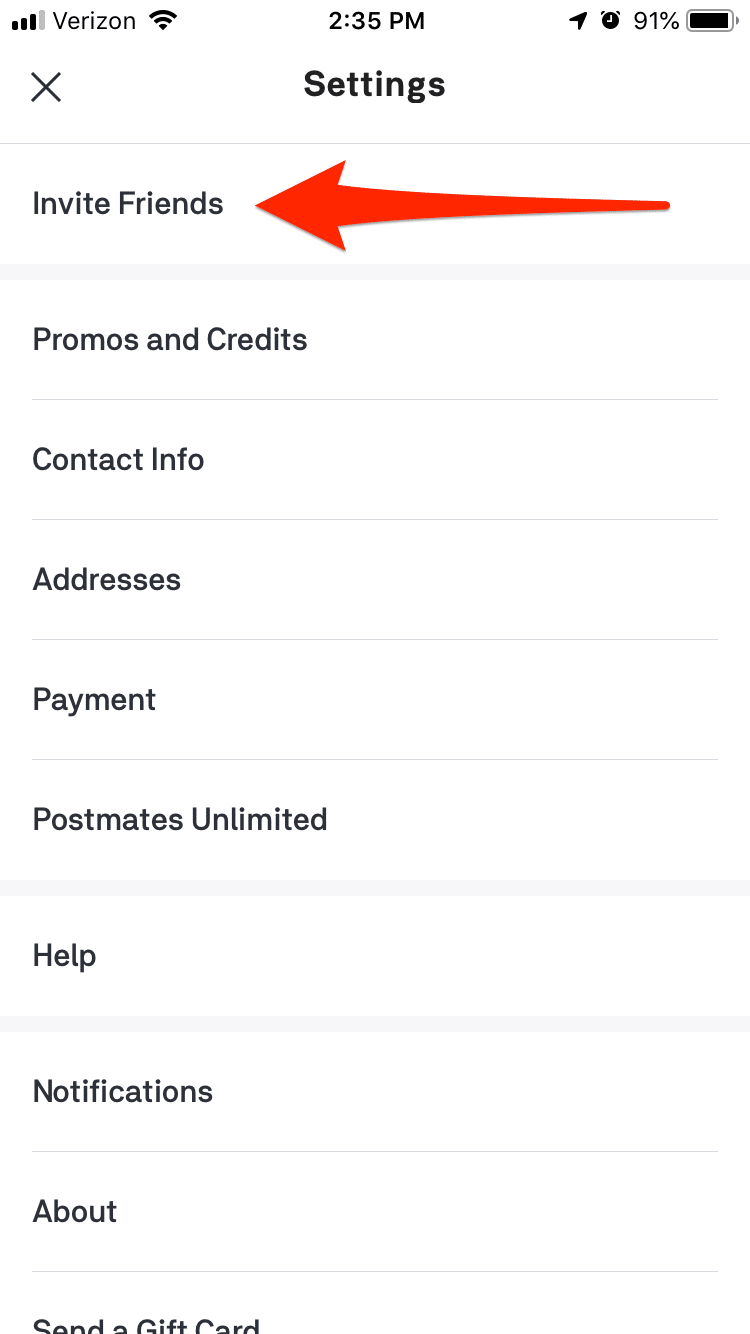 Where to invite friends on the Postmates app