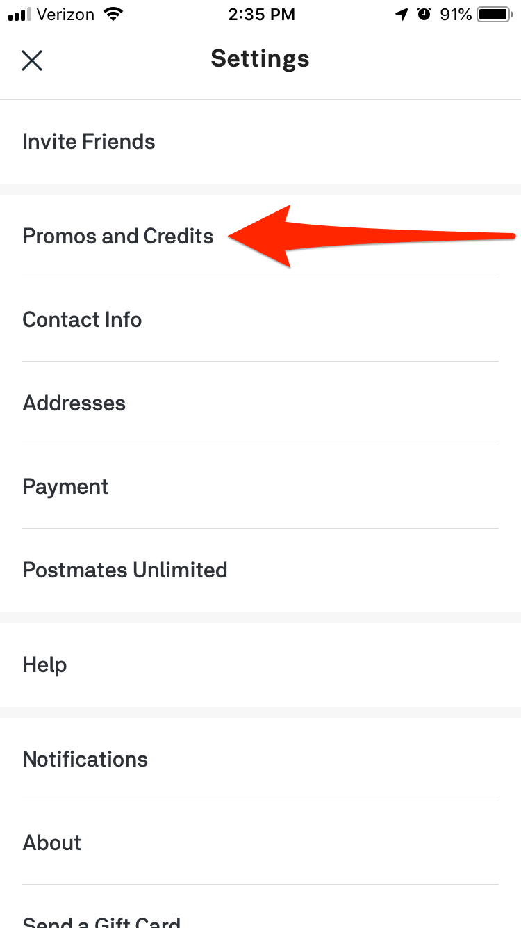 Where to enter a promo code in the postmates app