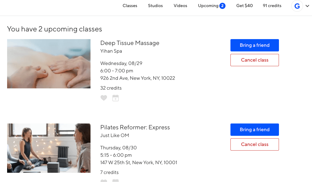 classpass upcoming classes