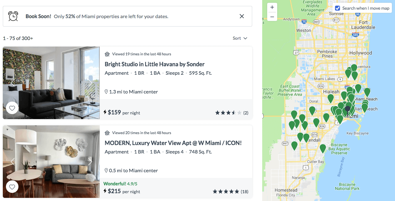 A screenshot of available VRBO homes in Miami, FL