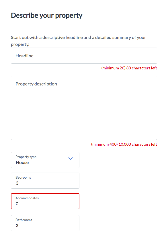 VRBO Property Description screenshot from the signup form