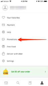 The screenshot of the Uber Eats Pormo code mene