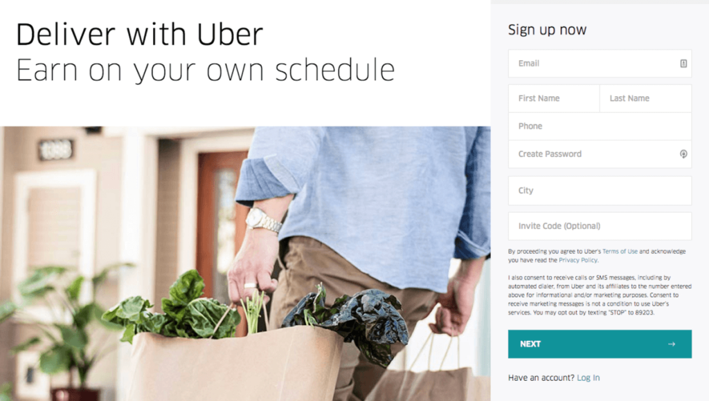Drive for Uber Eats sign up page