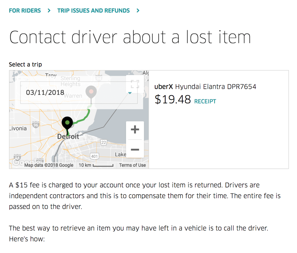 uber lost item contact