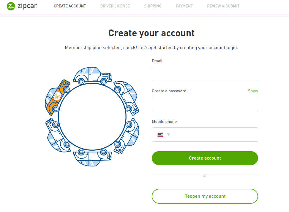 The basic information needed to create a zipcar account