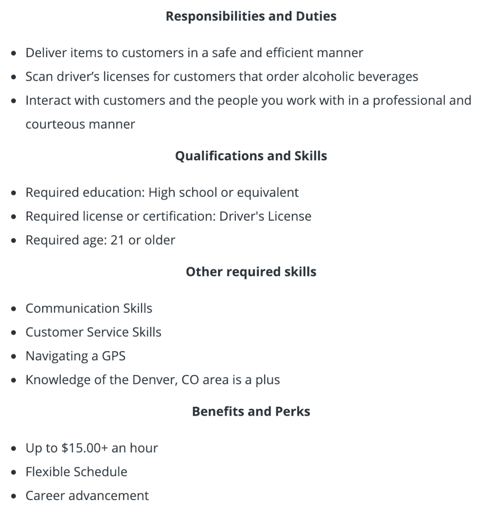 Screenshot of GoPuff driver requirements