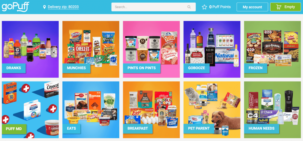 a screenshot of the GoPuff homescreen