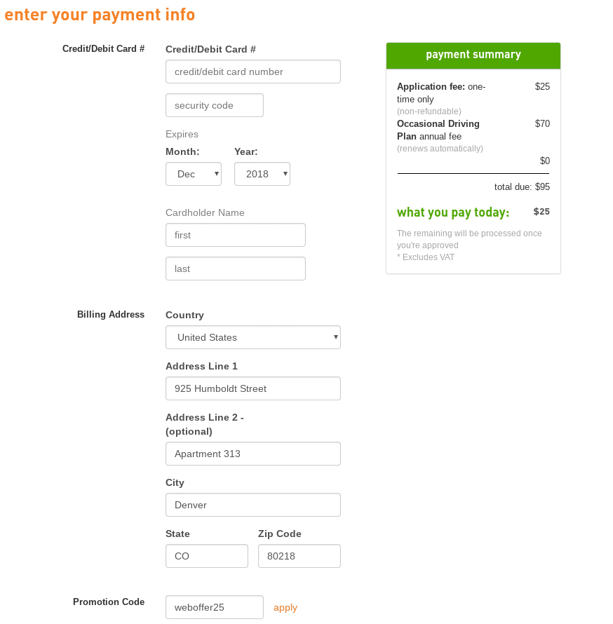 The payment information screen on Zipcar