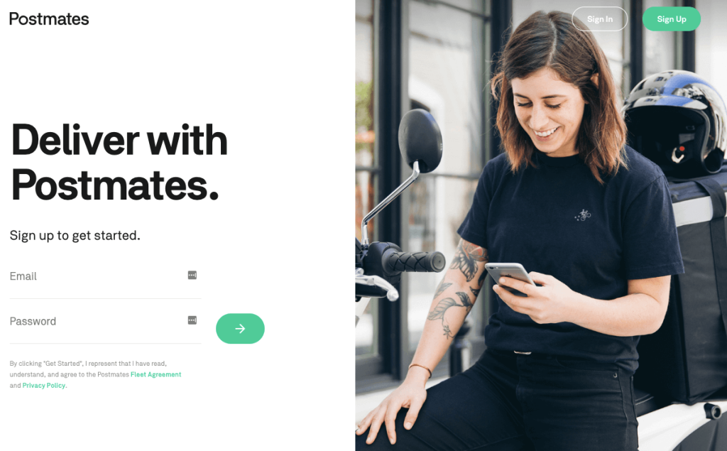 The Postmates Fleet signup page