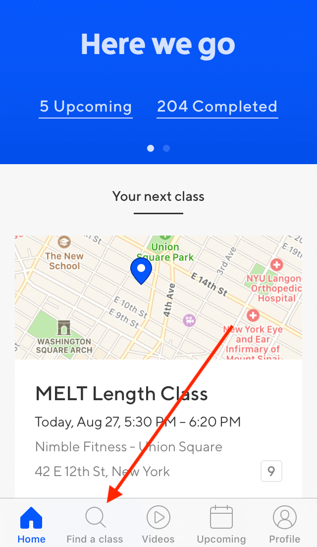 How to Pick the Best Classes from the ClassPass Schedule: Screenshot of ClassPass app homescreen with arrow pointing to "find a class"