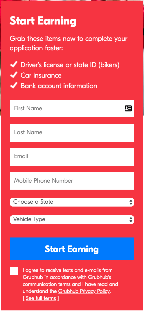 grubhub driver app start earning