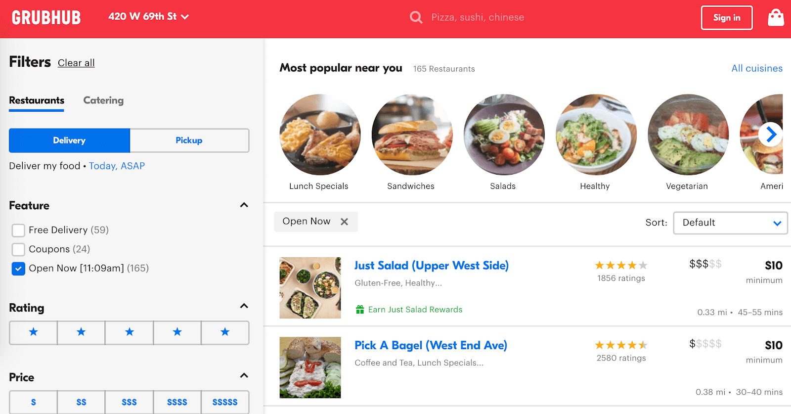 Grubhub First Order Deals: Grubhub search filters