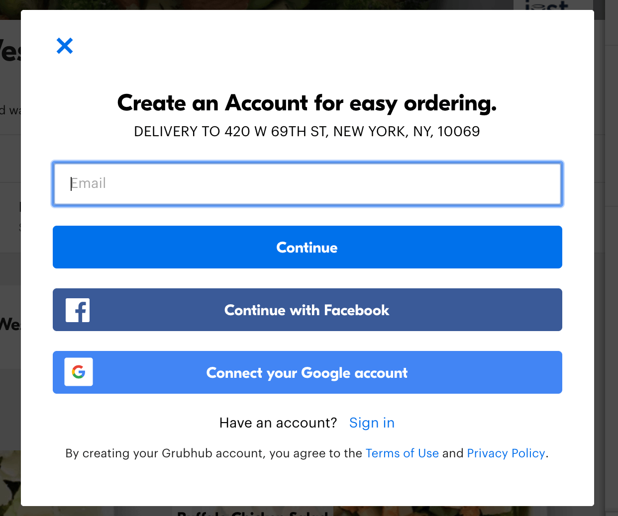 Grubhub First Order Deals: Screenshot of create an account page