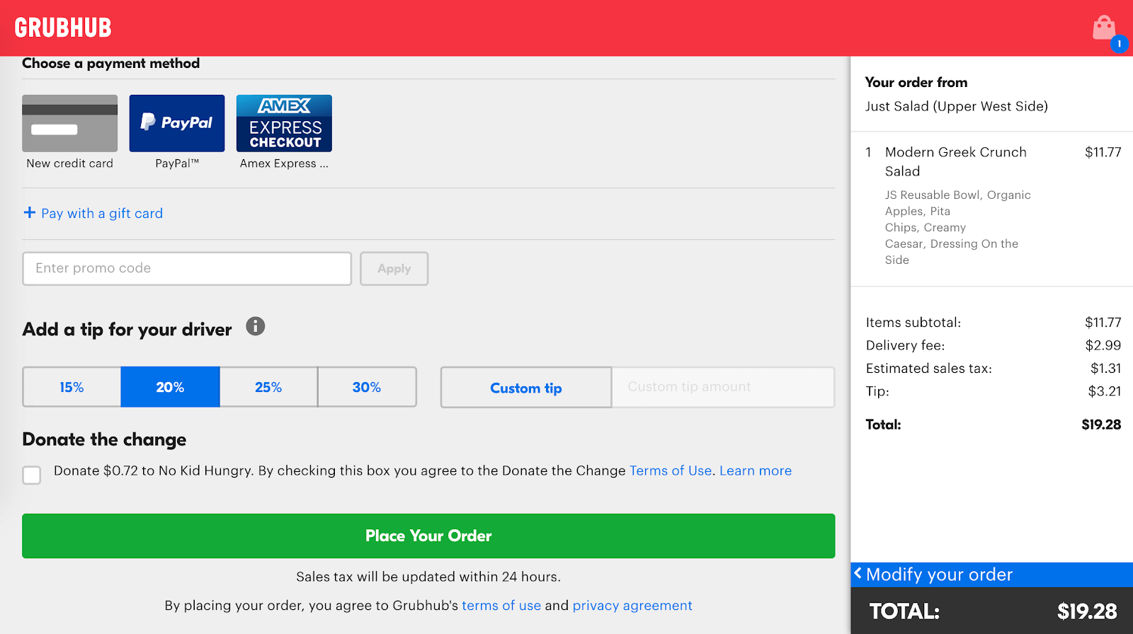 Grubhub First Order Deals: Enter promo code screenshot