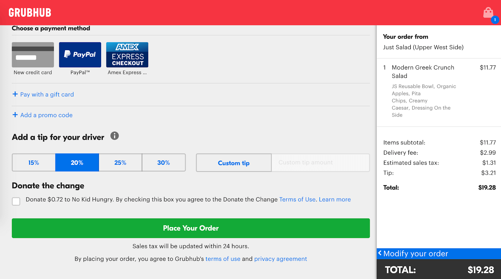 Grubhub First Order Deals: Screenshot of checkout page