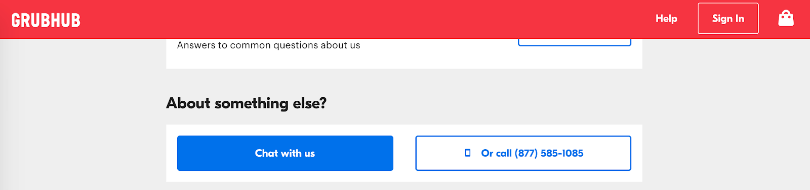 Grubhub vs Doordash: Grubhub customer service screen with phone number and chat