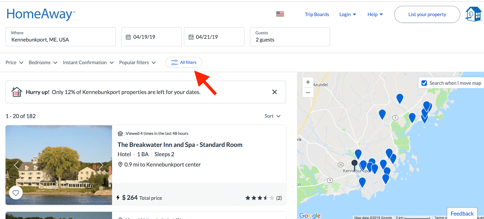 HomeAway Booking: Search filters with arrow pointing to "all filters"