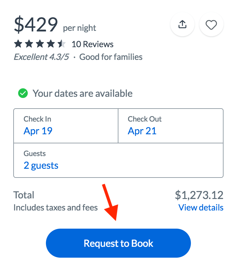 HomeAway Booking: Booking screen with arrow pointing to "Request to book"