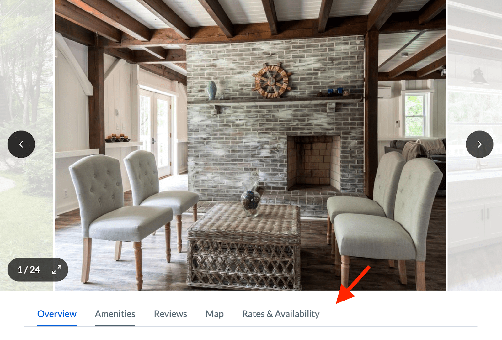 HomeAway Booking: Image of HomeAway listing with arrow pointing to "Rates & Availability"