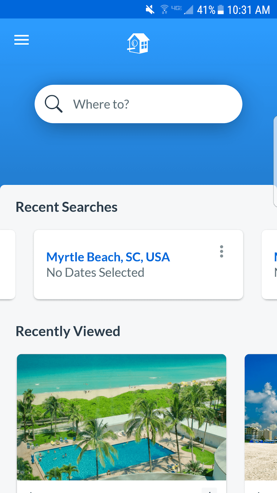 HomeAway App: Screenshot of app homescreen