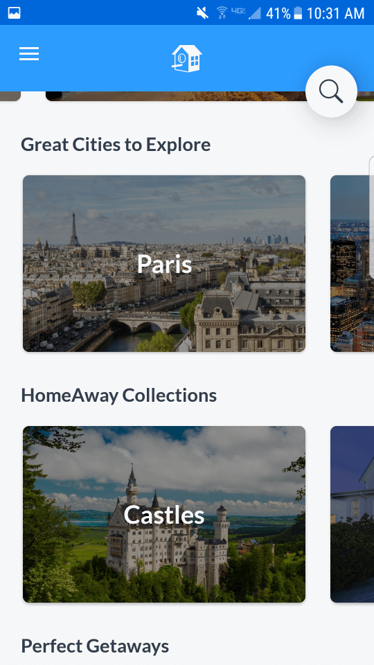 HomeAway App: Screenshot of search options