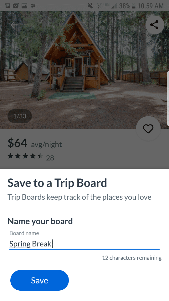 HomeAway App: Screenshot of save to a trip board