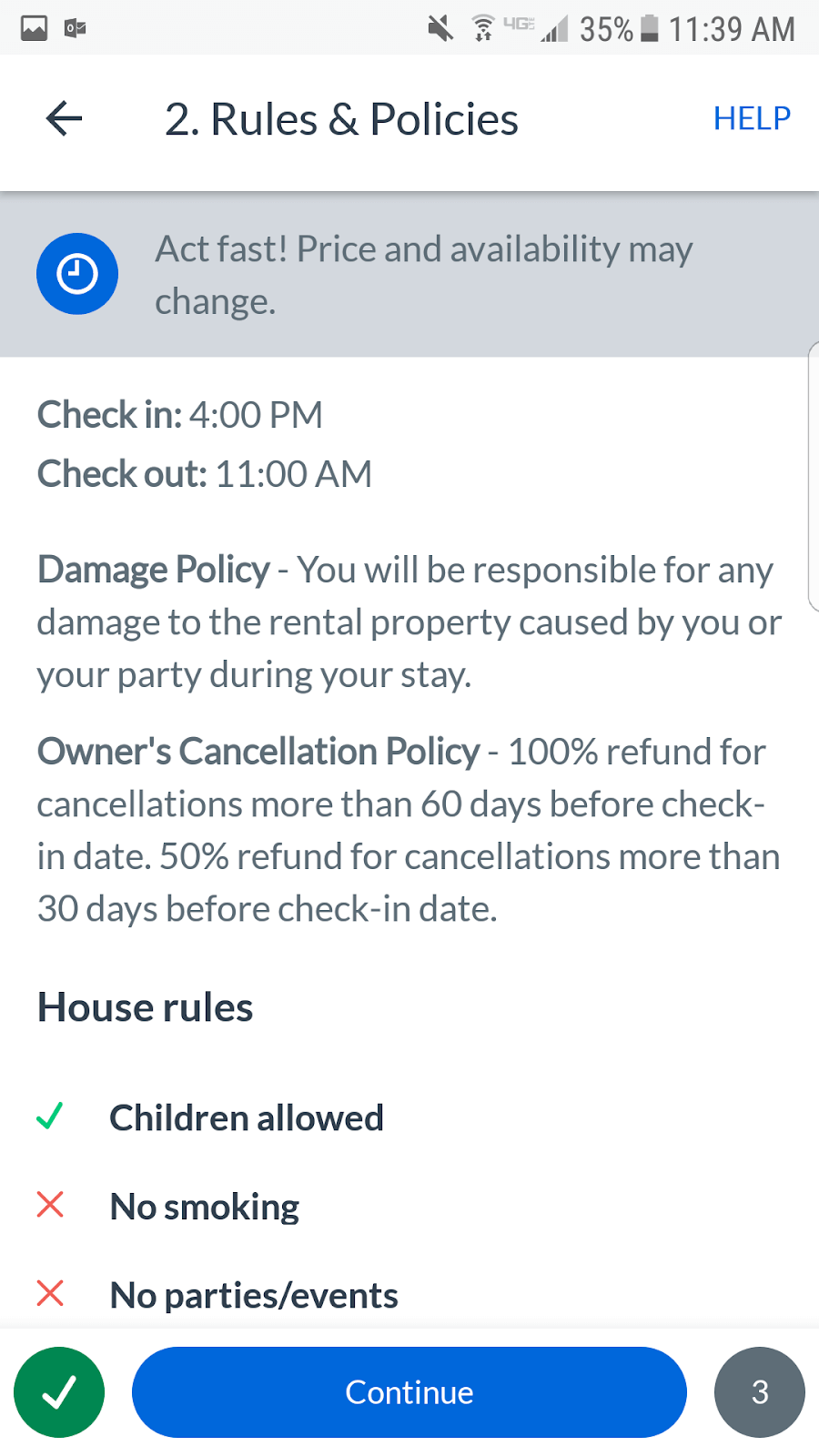 HomeAway App: Rules and policies page