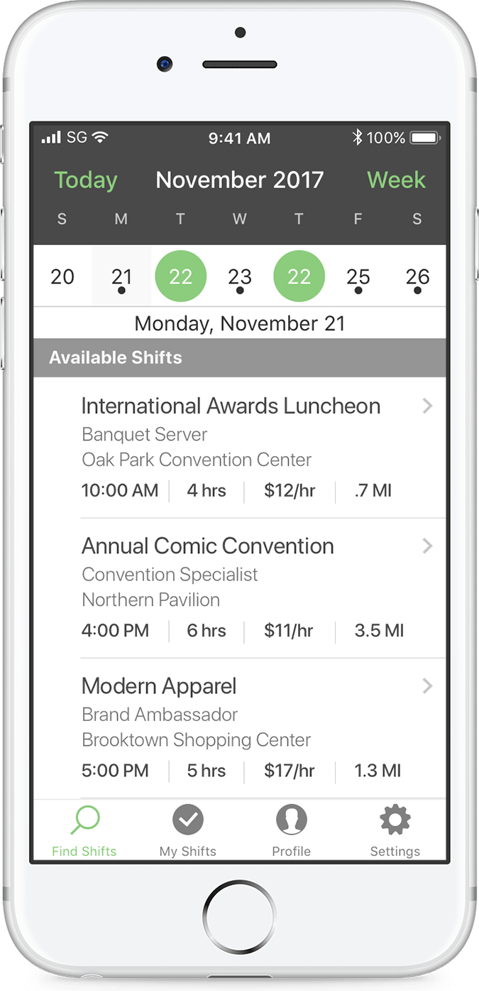 Available Shifts on shiftgig screenshot.