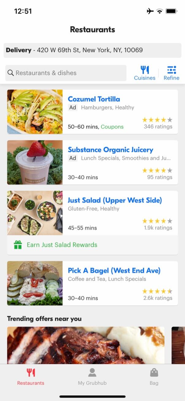 restaurants in the grubhub app