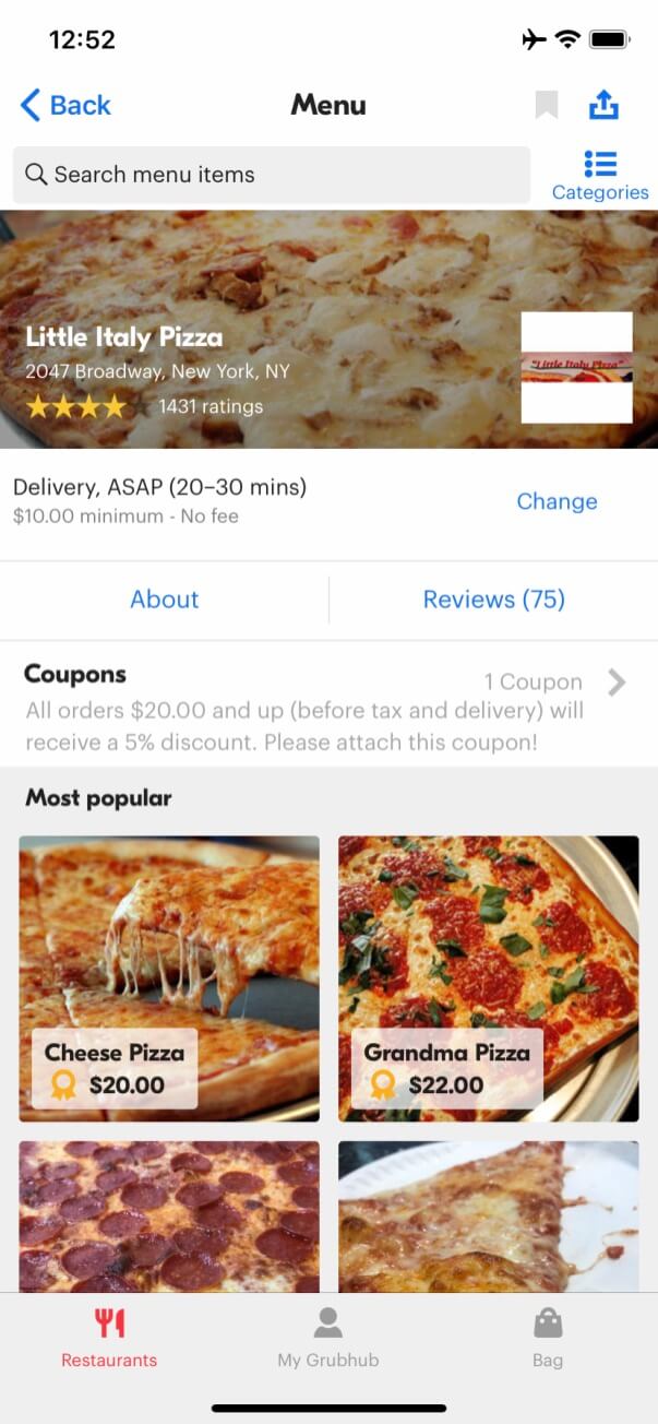 grubhub app restaurant menu