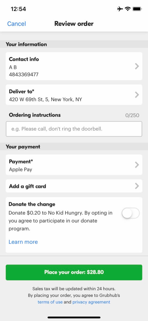 grubhub app order review
