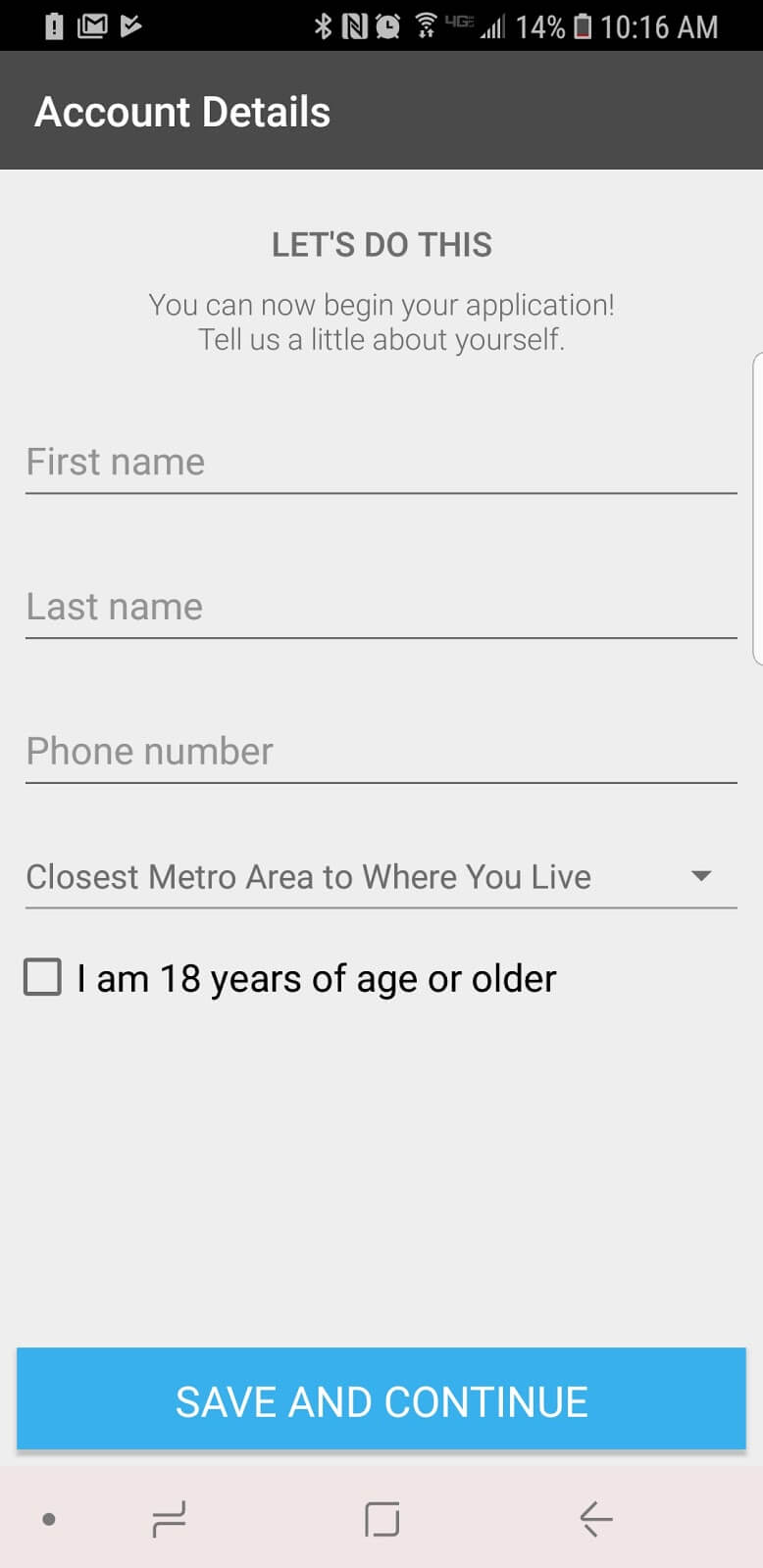 Screenshot of Shiftgig application process.