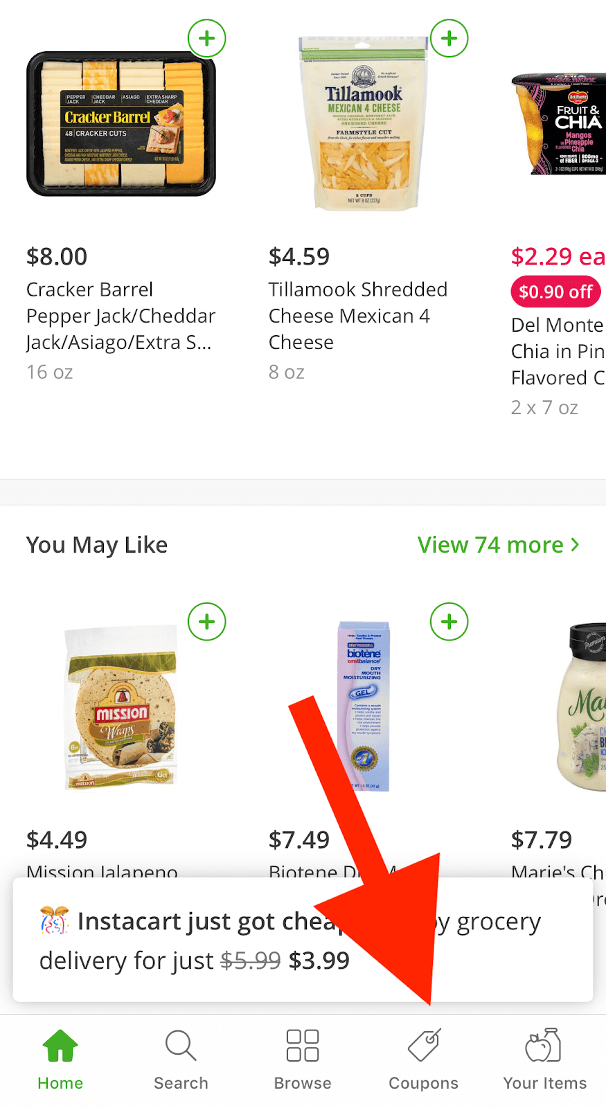 Instacart Coupon: Screenshot of app with arrow pointing to coupon tab