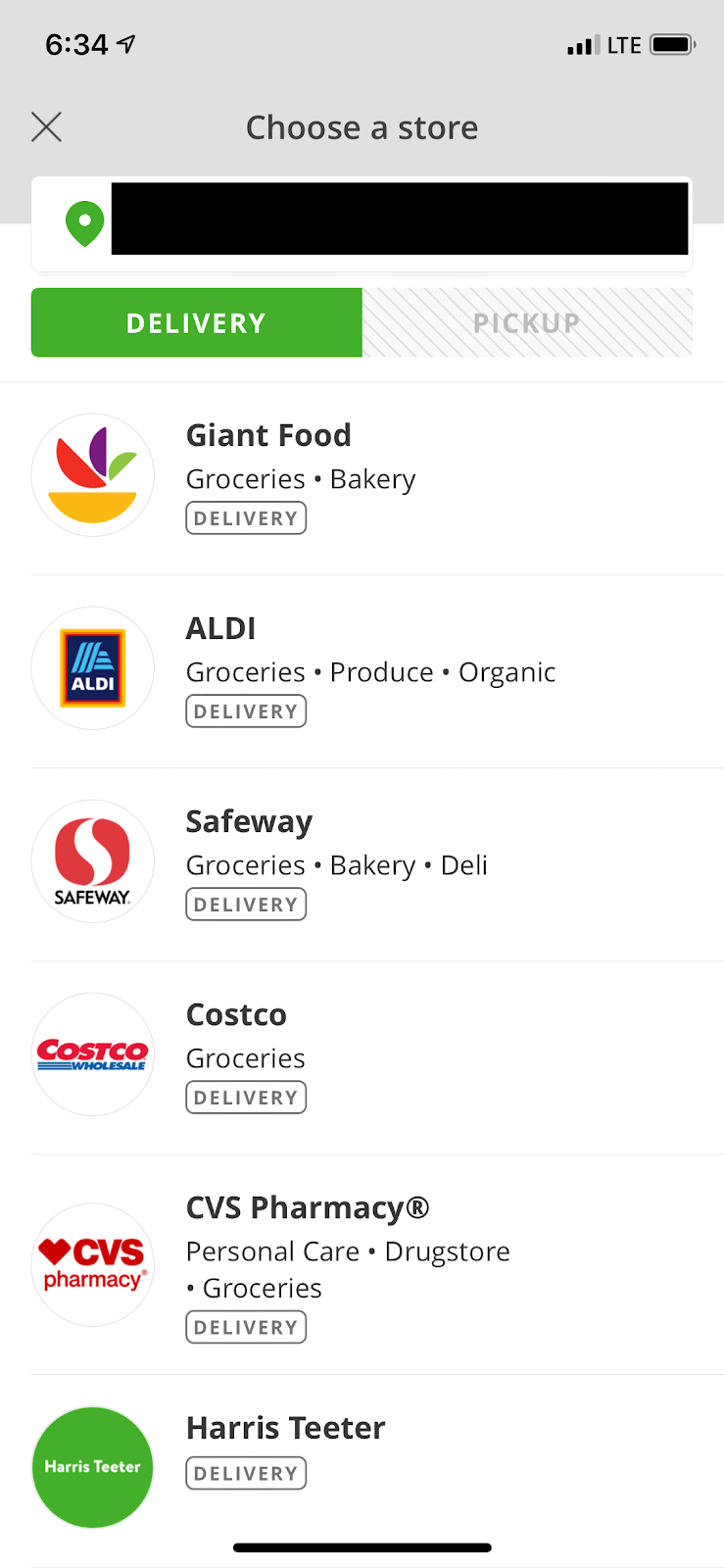 Instacart Coupon: Screenshot of store options