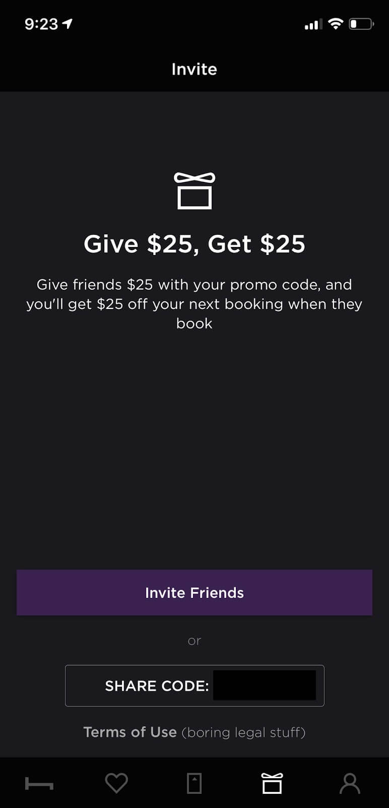 Last Minute Hotel: Screenshot of give $25, get $25