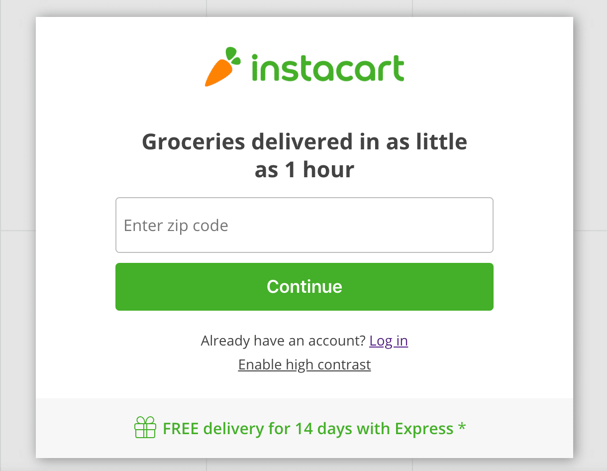 Screenshot of entering zip code to sign up