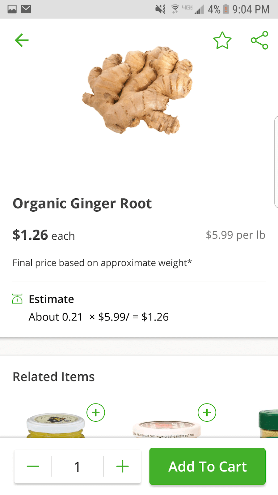 Instacart app screenshot of ginger root product page