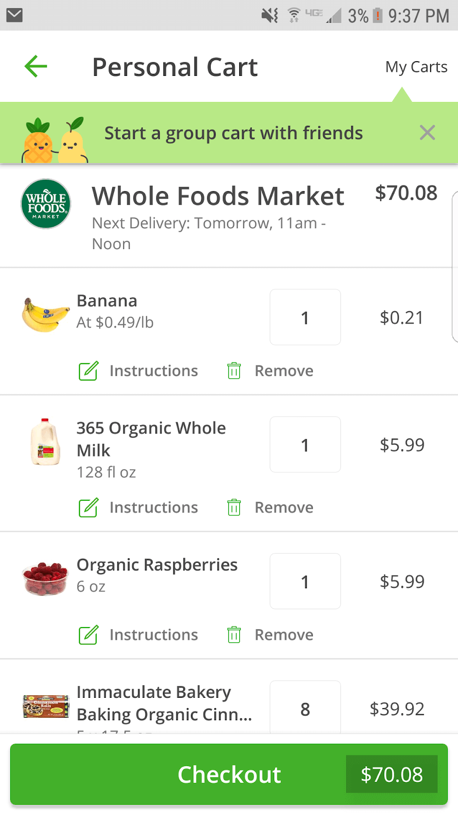 Instacart app personal cart screenshot