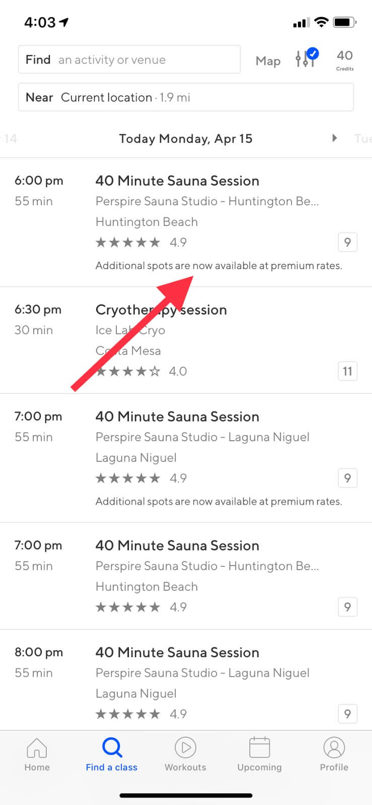 ClassPass FAQ: Screenshot of a class with premium rates