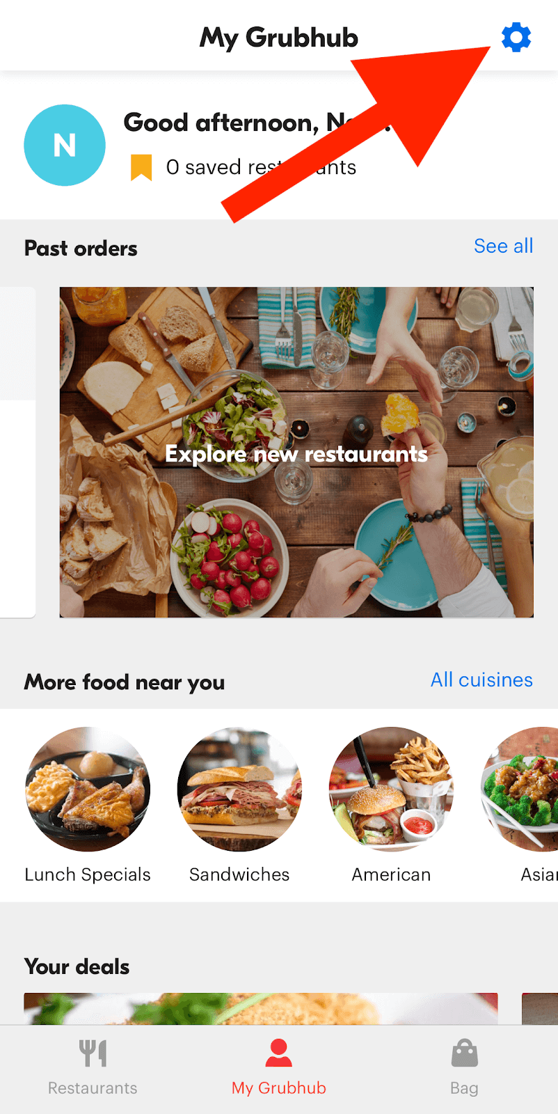 Screenshot of homepage with arrow pointing to settings