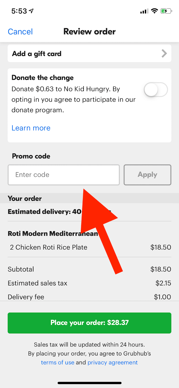 Enter Grubhub coupon code