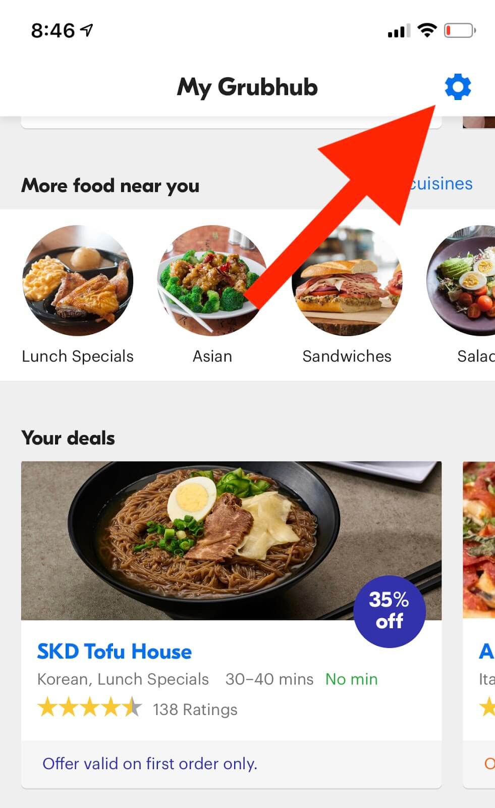 Grubhub First Time Coupon: Click Settings