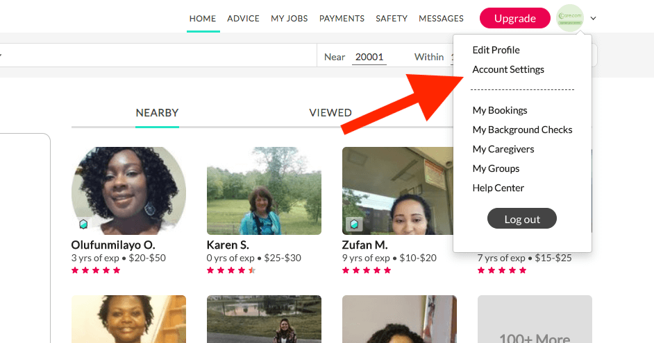 How to delete Care.com account: Arrow pointing to Account Settings