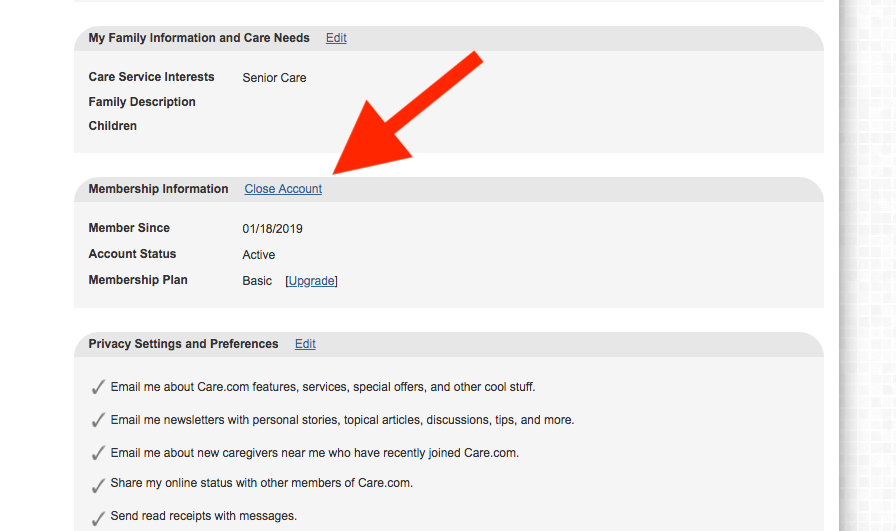 How to delete Care.com account: Arrow pointing to Close Account