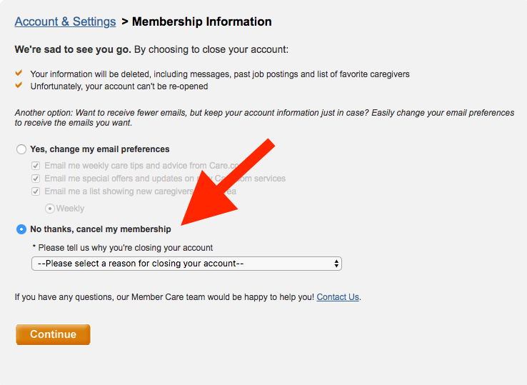 How to delete Care.com account: Arrow pointing to cancel my membership