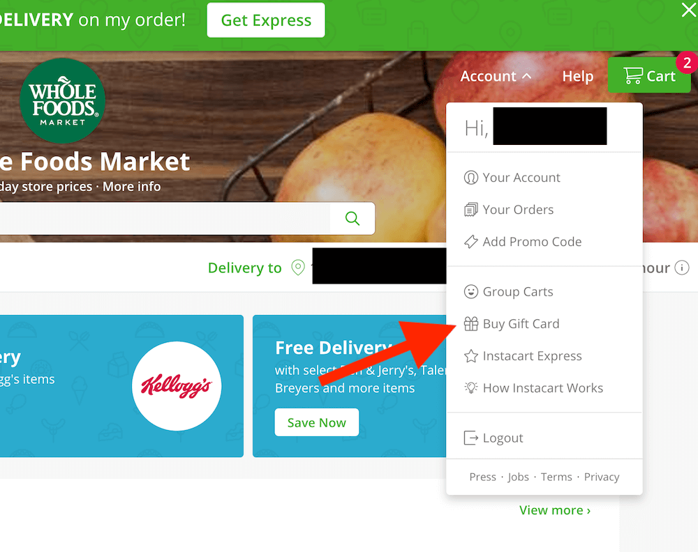 Instacart Gift Card: Arrow pointing to Buy Gift Card on homepage