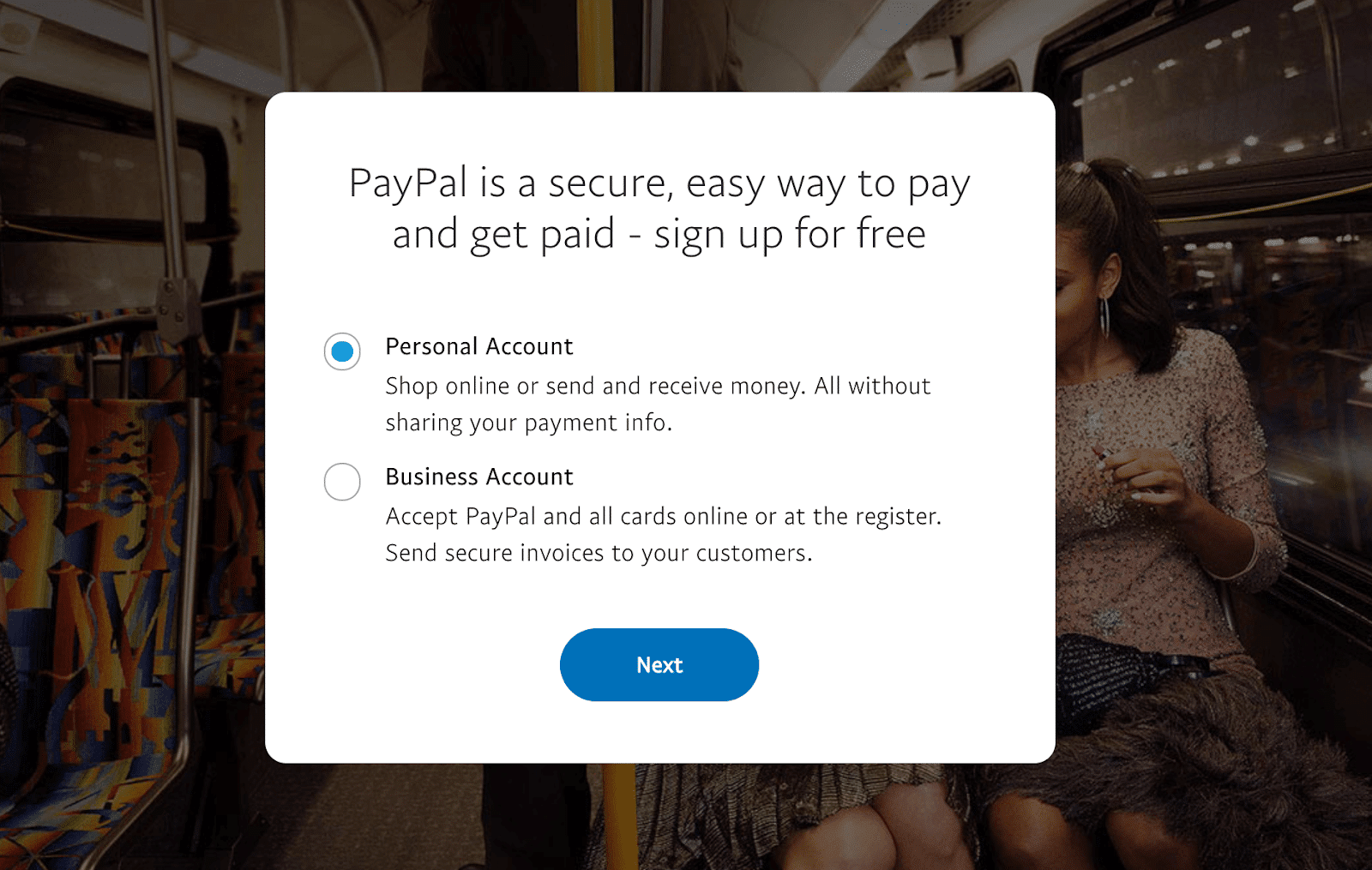 Click personal account to make money online with PayPal
