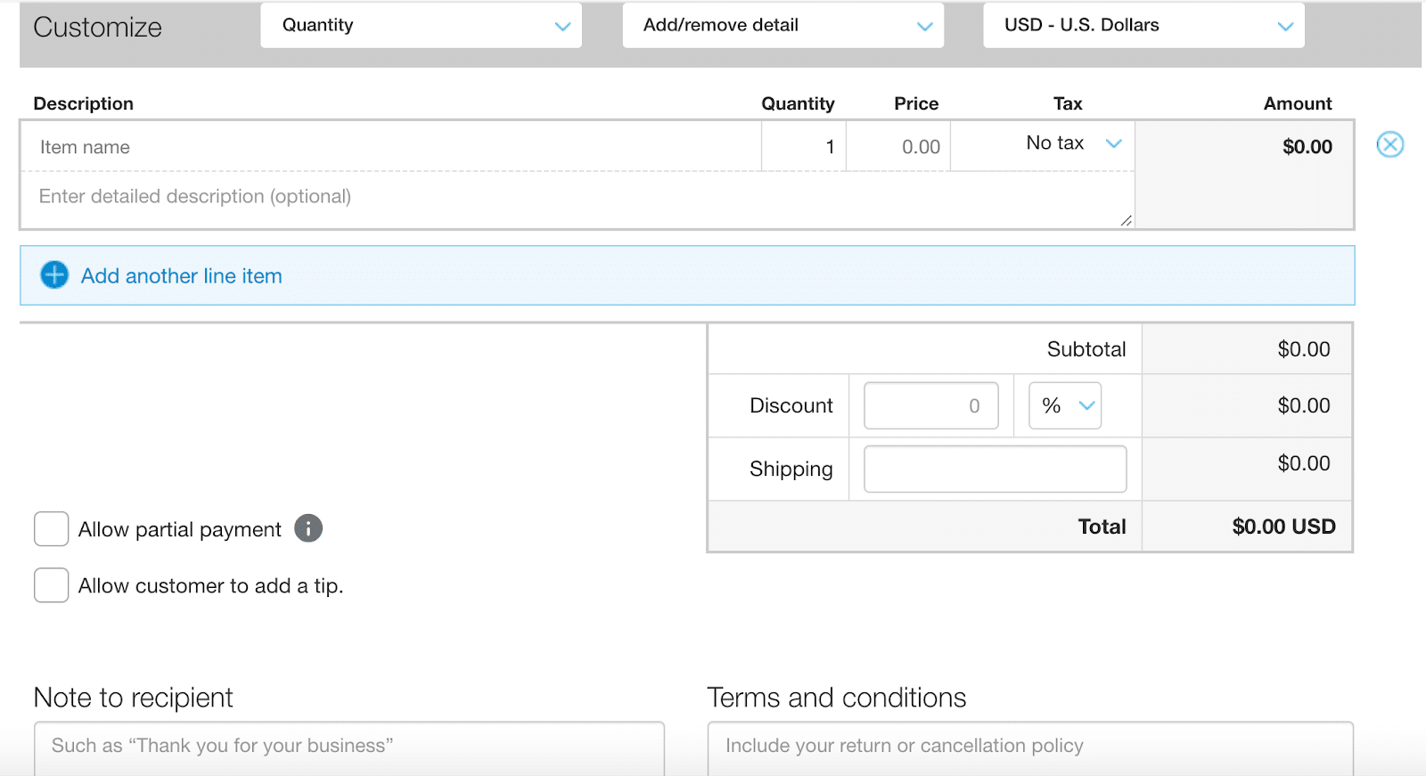 Add items to invoice to make money online with PayPal
